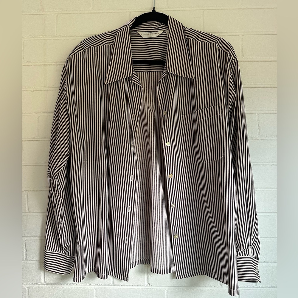 Vintage 100% Silk Black and White Striped Button-Up Shirt Large